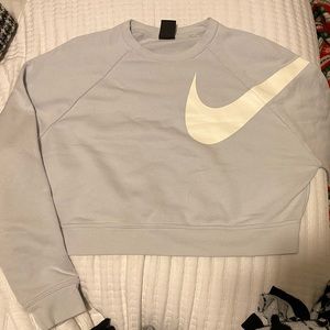 Nike Cropped Light Blue Swoosh Crew Neck Sweatshirt